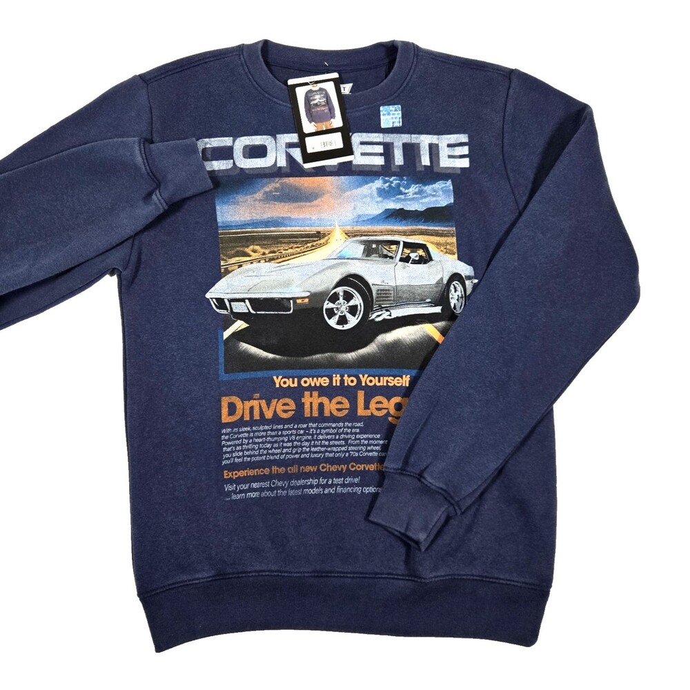 Chevrolet Corvette Fleece Sweatshirt Men's Small Blue Retro Chevy Crew NEW